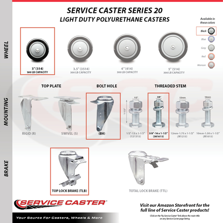 Service Caster 3 Inch Black Polyurethane Swivel 3/8 Inch Threaded Stem Caster Set with Brake SCC-TS20S314-PPUB-BLK-TLB-381615-4